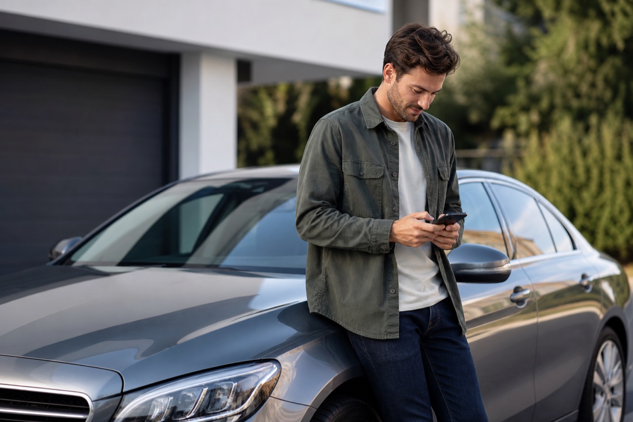 Vendeur utilisant son téléphone à côté de sa voiture